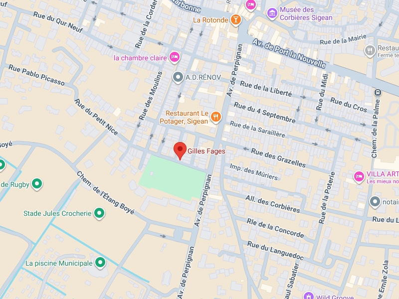 Plan Gilles Fages Sigean : Avenue de Perpignan et stade Plan de Sigean situant Gilles Fages près de l'Avenue de Perpignan et du Stade Jules Crocherie.