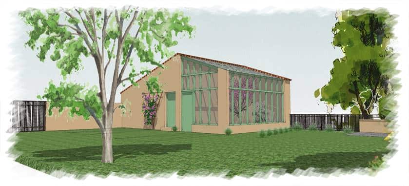 Aménagement d'une annexe de jardin moderne avec vitrage Annexe de jardin moderne avec grandes baies vitrées vertes, arbres et pelouse.