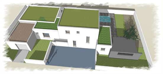 Plan 3D de maison contemporaine avec toits végétalisés, jardin et piscine.