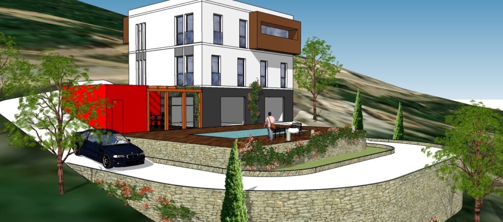 Villa moderne 3D sur colline avec piscine, terrasse bois, voiture et murs en pierre en montagne.