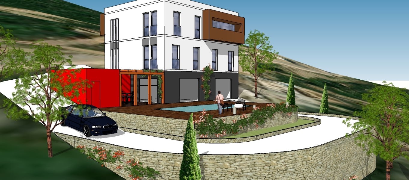 Villa moderne 3D sur colline avec piscine, terrasse bois, voiture et murs en pierre en montagne.