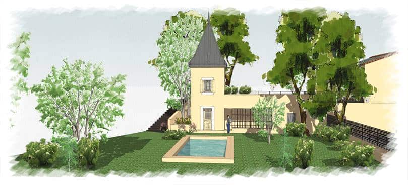 Croquis de villa jaune avec tour, piscine rectangulaire et jardin arboré.