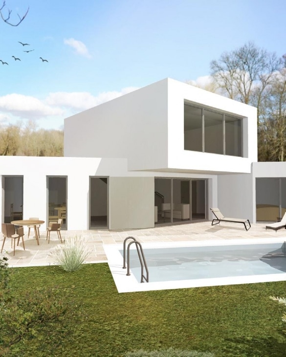 Maison contemporaine blanche avec piscine, terrasse et jardin minimaliste sous un ciel bleu clair.