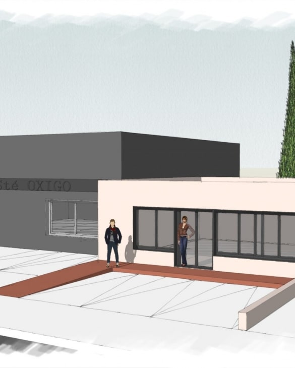 Rendu 3D de la Sté OXIGO montrant des bureaux modernes avec personnages et larges baies vitrées.
